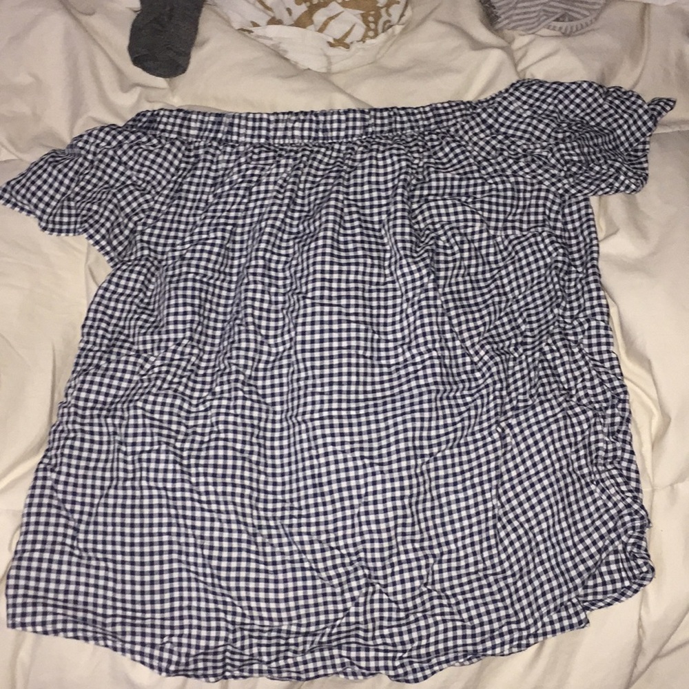 Off the shoulder blue and white blouse